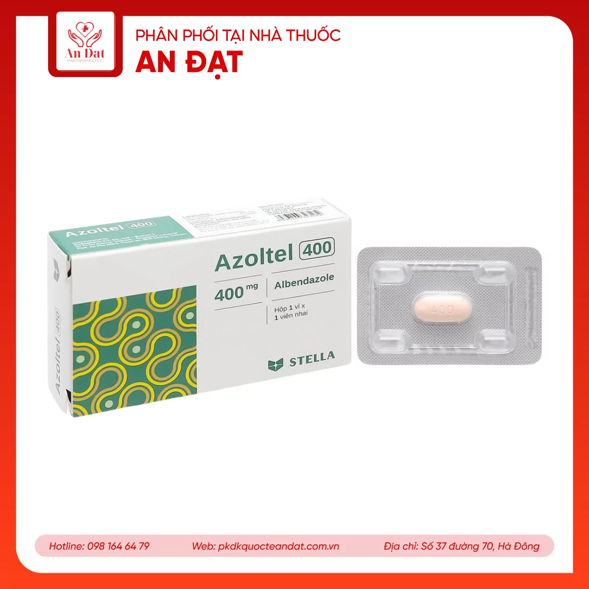 Thuốc Azoltel 400mg Stella điều trị nhiễm một hoặc nhiều loại ký sinh trùng đường ruột (1 viên)