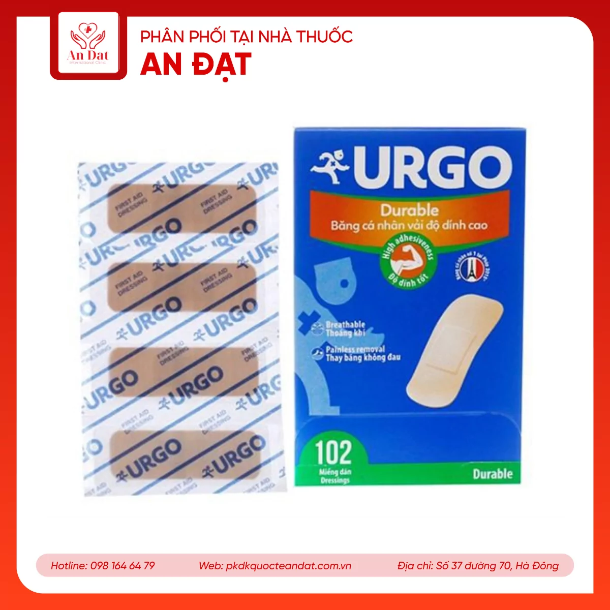 Băng cá nhân vải Urgo Durable 2x6cm (102 miếng)