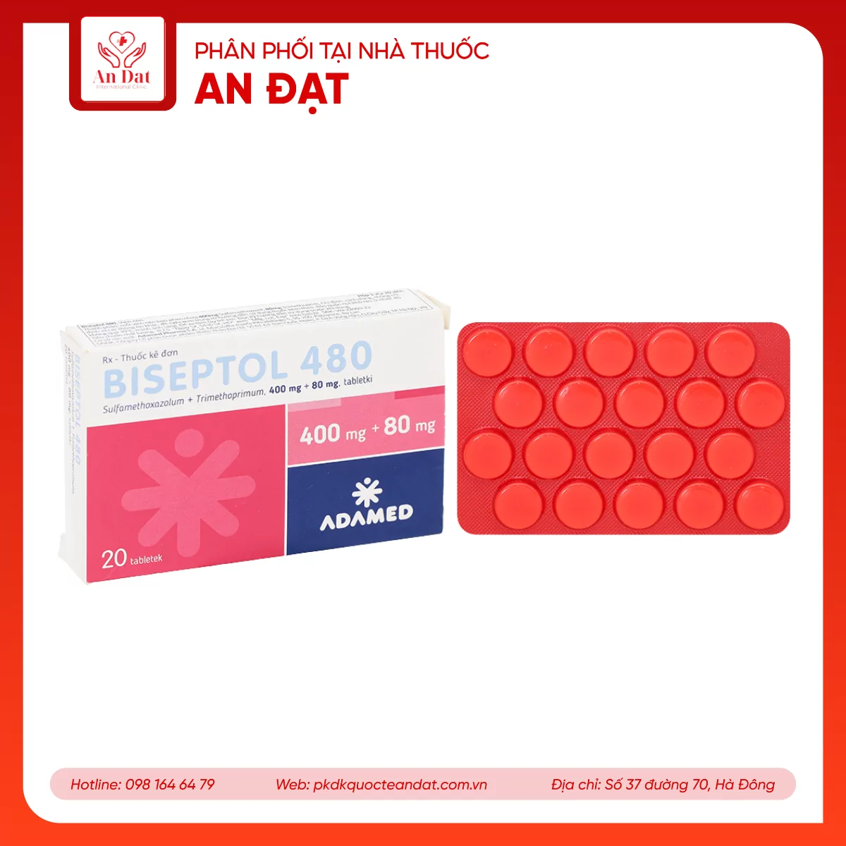 Thuốc Biseptol 480 Adamed điều trị nhiễm trùng do vi sinh vật nhạy cảm với thuốc (1 vỉ x 20 viên)