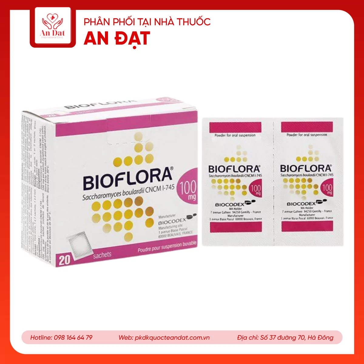 Bột Bioflora 100mg Biocodex điều trị tiêu chảy (20 gói)