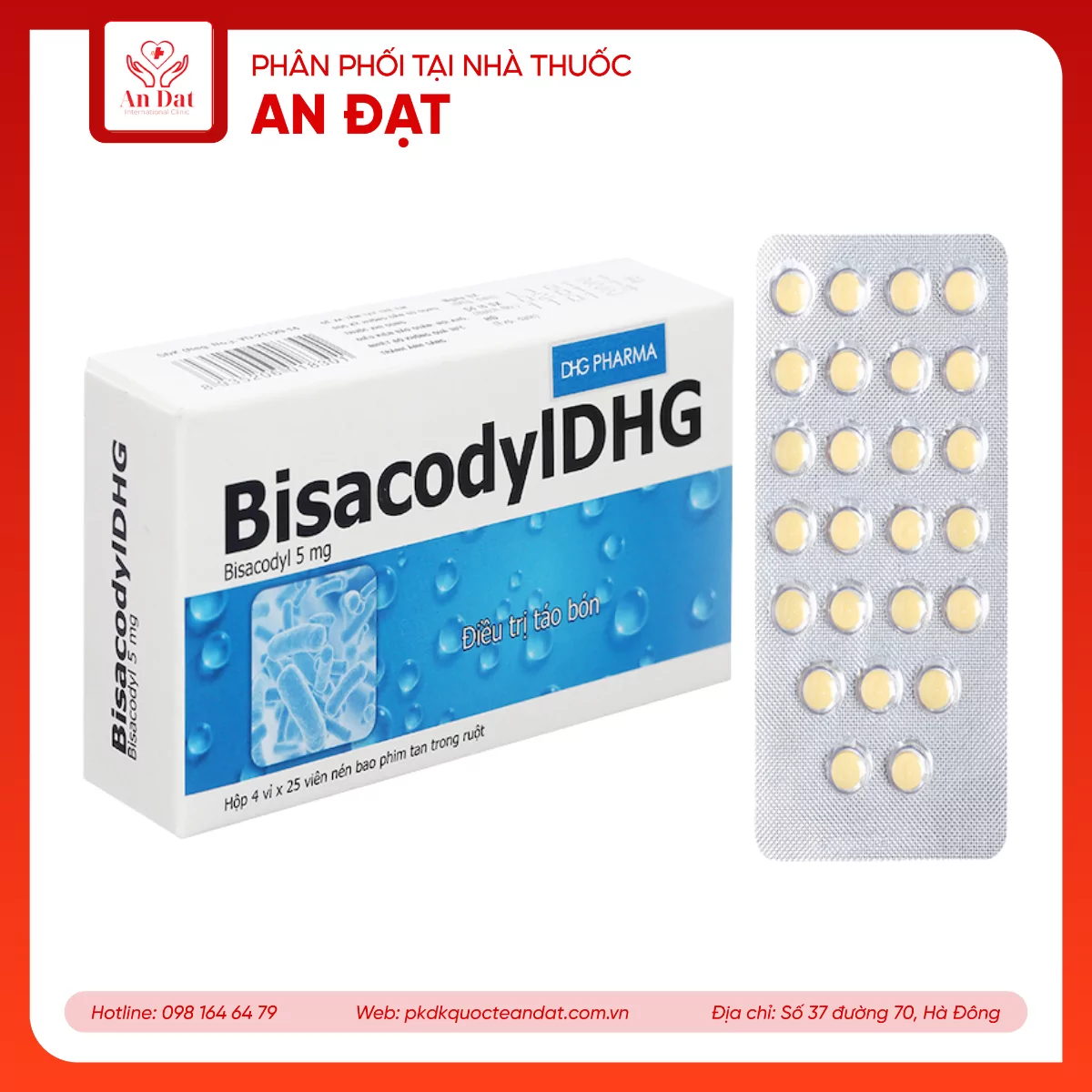 Thuốc BisacodylDHG điều trị táo bón, thải sạch ruột (4 vỉ x 25 viên)