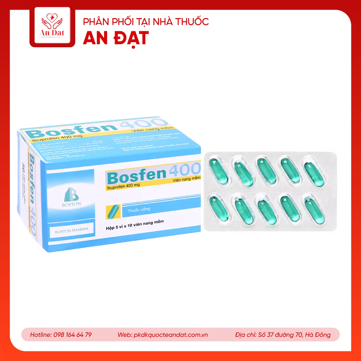 Viên nang Bosfen Boston 400mg giảm đau, hạ sốt, chống viêm (5 vỉ x 10 viên)