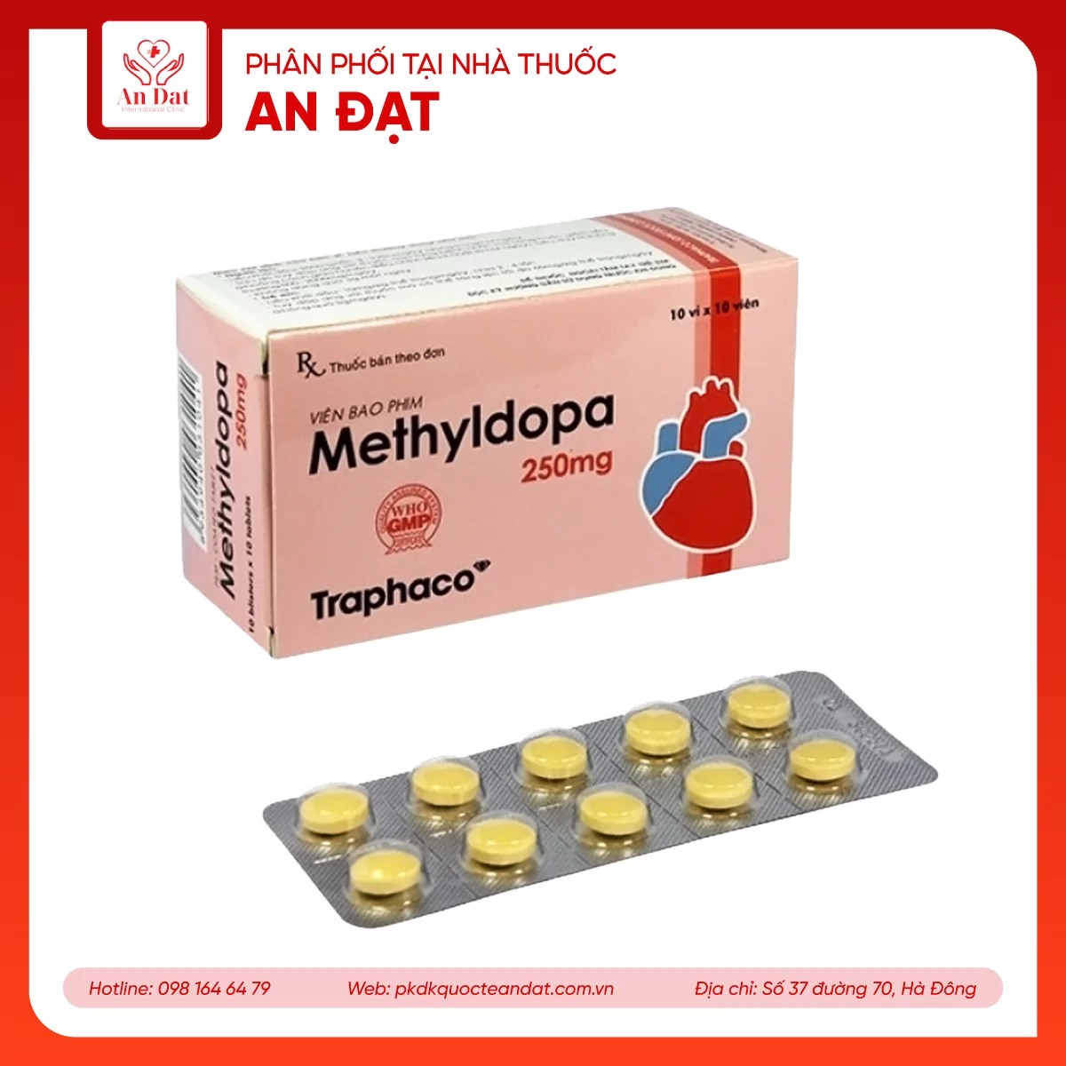 Viên nén Methyldopa 250mg Traphaco điều trị tăng huyết áp (10 vỉ x 10 viên)