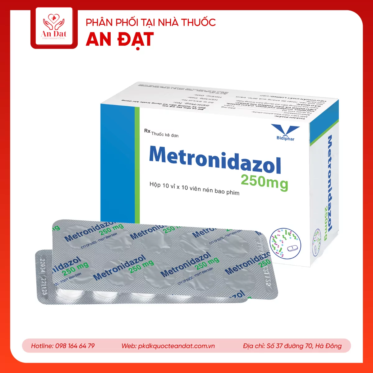 Thuốc Metronidazol 250mg Bidiphar điều trị nhiễm động vật nguyên sinh, loét dạ dày tá tràng (10 vỉ x 10 viên)
