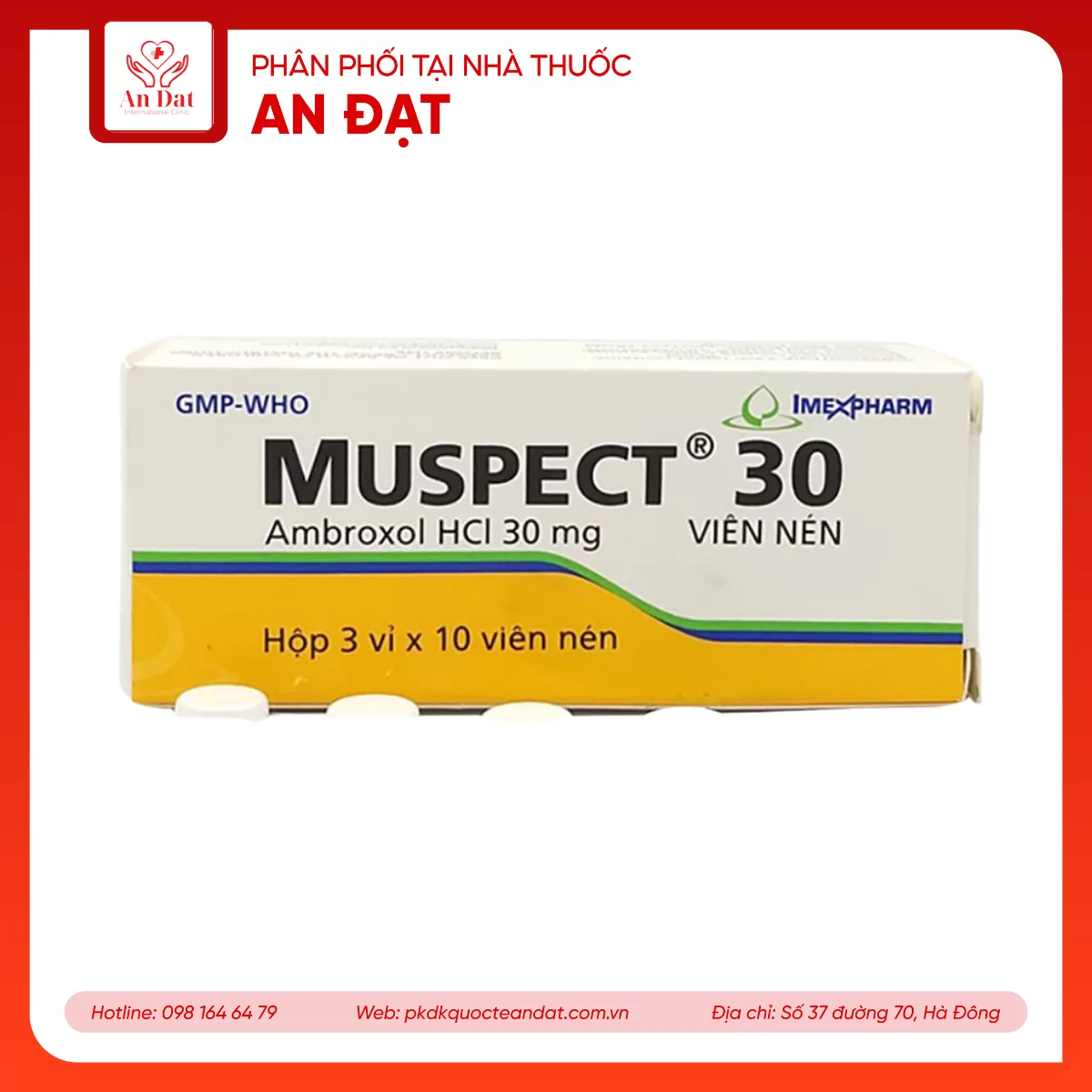 Thuốc Muspect 30 Imexpharm điều trị các bệnh cấp và mạn tính ở đường hô hấp (3 vỉ x 10 viên)