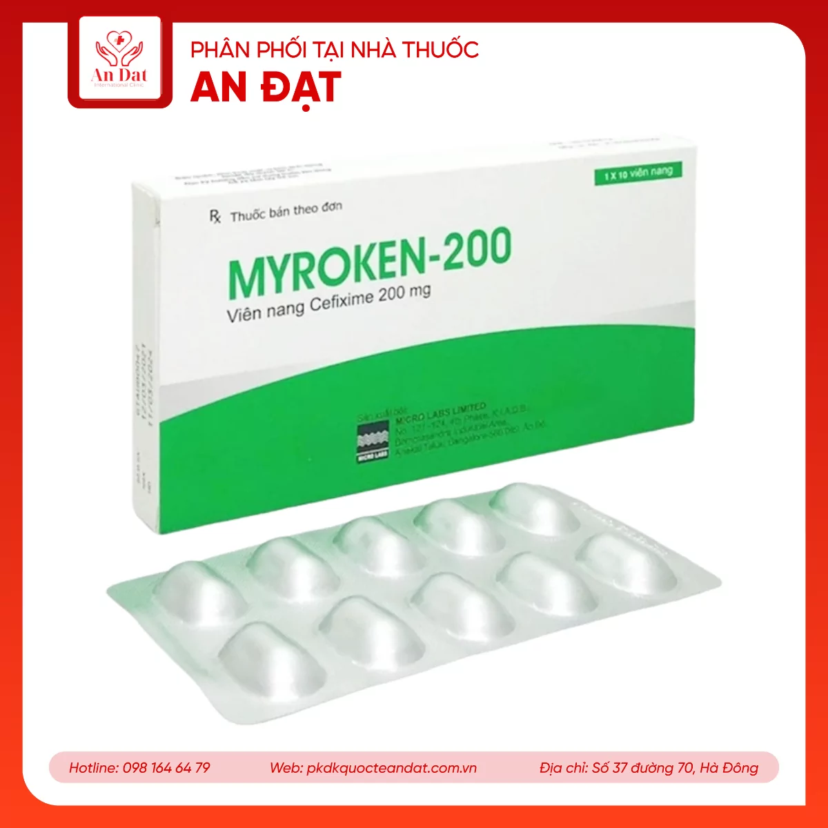 Myroken-200 thuốc điều trị nhiễm khuẩn ( Hộp 1 vỉ x 10 viên)