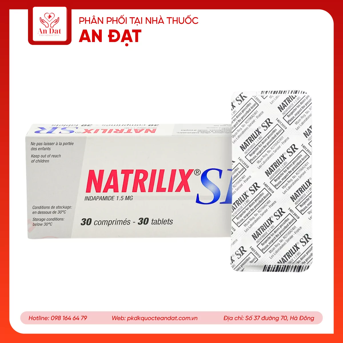 Viên nén Natrilix SR Servier điều trị tăng huyết áp nguyên phát (3 vỉ x 10 viên)