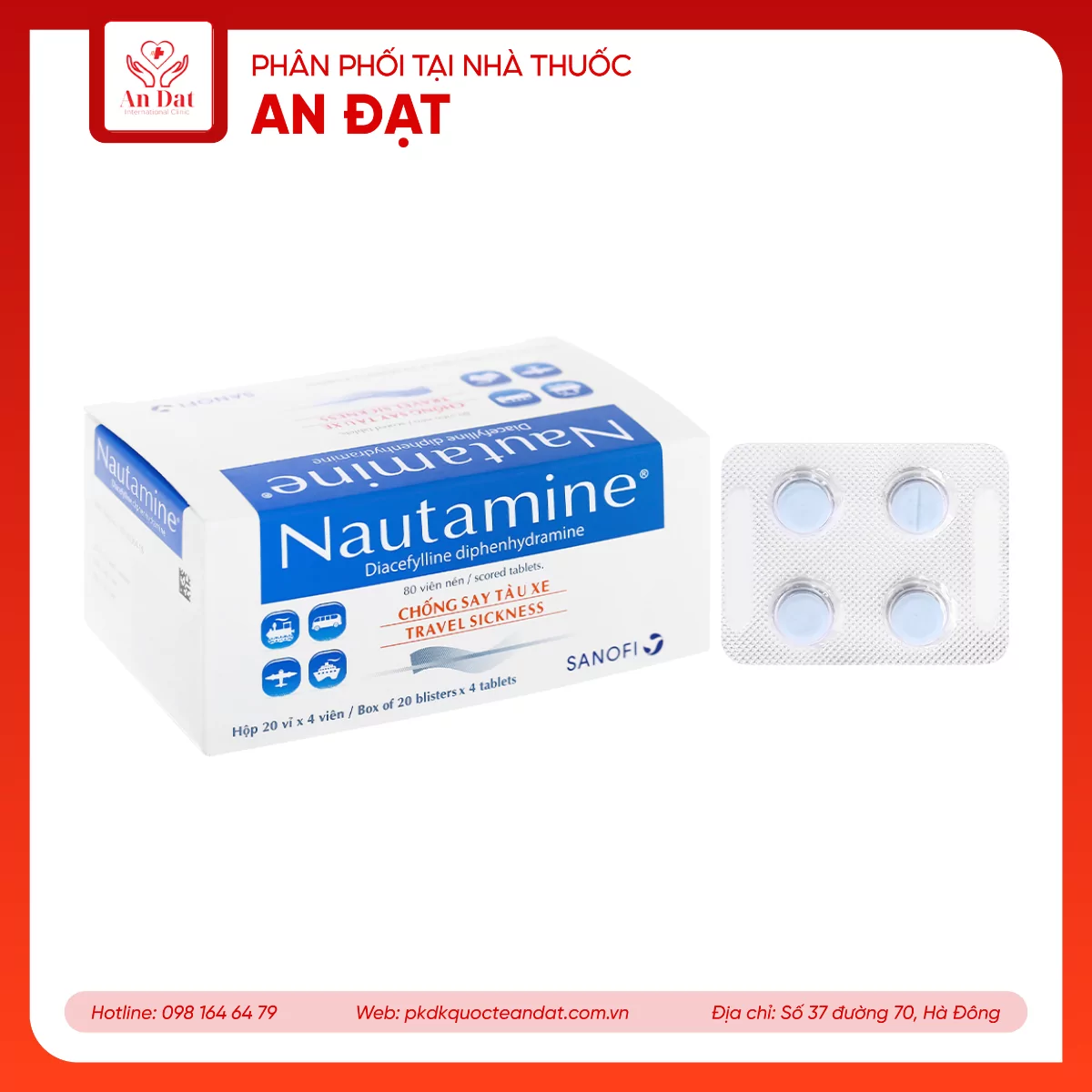 Viên nén Nautamine Sanofi phòng ngừa và điều trị say tàu xe (20 vỉ x 4 viên)