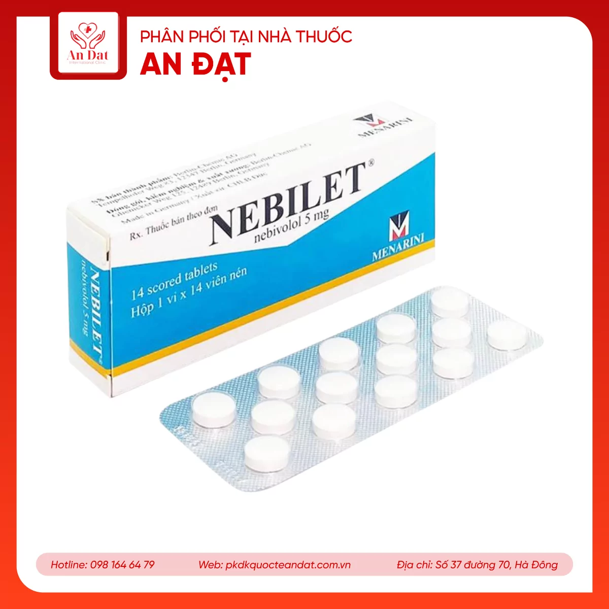 Viên nén Nebilet 5mg Menarini điều trị tăng huyết áp và suy tim mạn tính (1 vỉ x 14 viên)