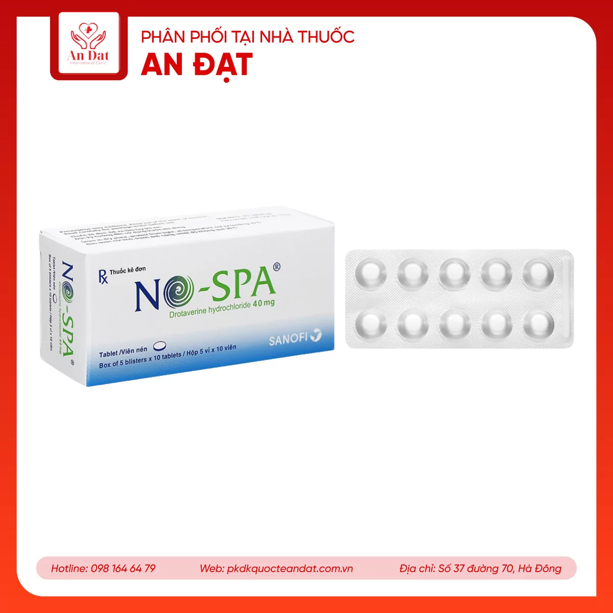 Thuốc No-spa 40mg Sanofi điều trị co thắt cơ trơn, sỏi túi mật, sỏi ống mật (5 vỉ x 10 viên