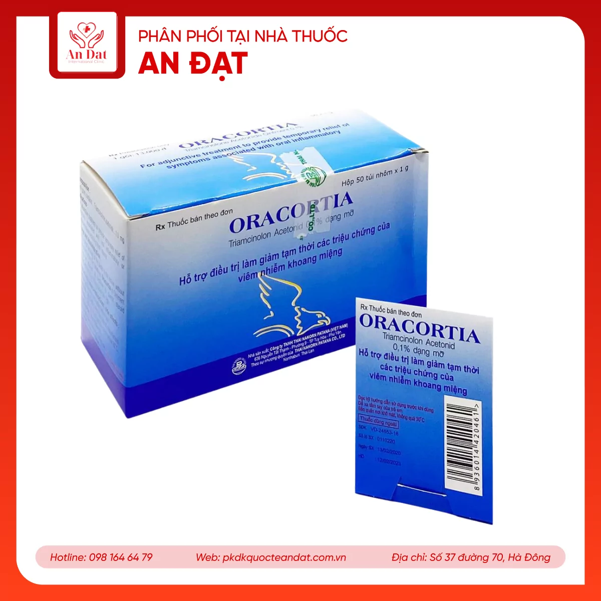 Thuốc mỡ Oracortia 0.1% Thai Nakorn Patana hỗ trợ điều trị viêm nhiễm khoang miệng (50 gói x 1g)