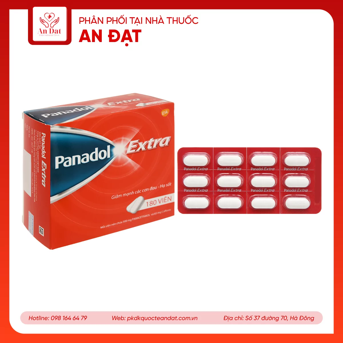 Viên nén Panadol Extra đỏ GSK giảm mạnh các cơn đau, hạ sốt, điều trị đau đầu, đau lưng (15 vỉ x 12 viên)