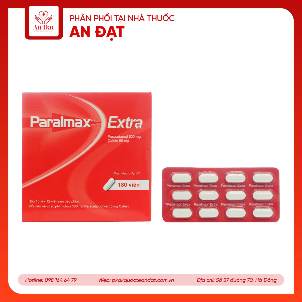 Viên nén Paralmax Extra 500mg/65mg Boston giảm đau nhẹ đến trung bình và hạ sốt (15 vỉ x 12 viên)