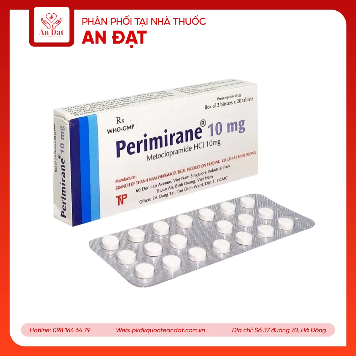 Perimirane 10mg thuốc kiểm soát tình trạng nôn,ói hộp 2 vỉ x 20 viên