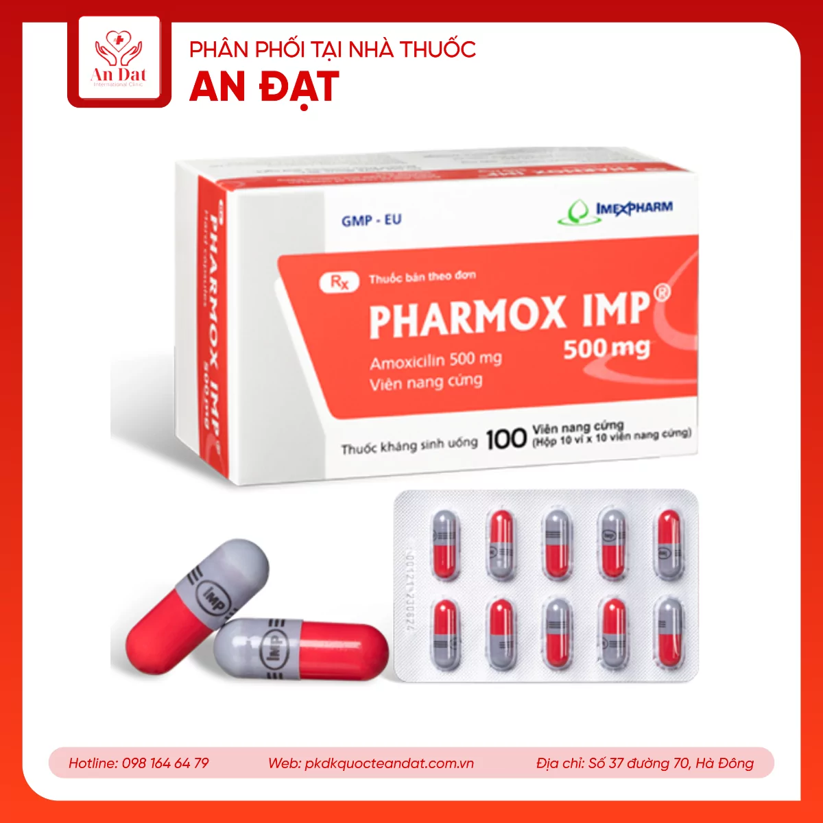 Viên nang cứng Pharmox 500mg Imexpharm điều trị các trường hợp nhiễm khuẩn (10 vỉ x 10 viên)