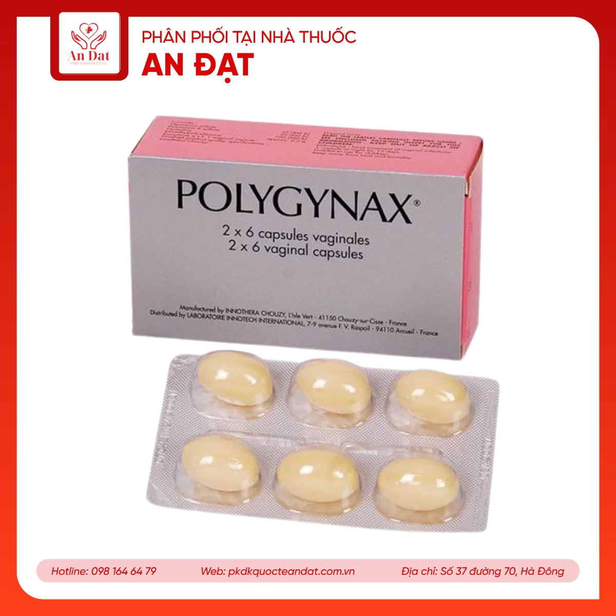 Viên đặt âm đạo Polygynax Innothera Chouzy điều trị viêm âm đạo, âm hộ – âm đạo (2 vỉ x 6 viên)