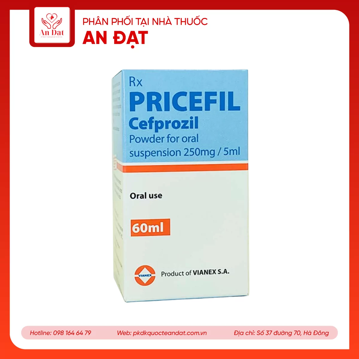 Hỗn dịch Pricefil Cefprozil Vianex điều trị viêm họng, viêm amidan, viêm xoang (60ml)