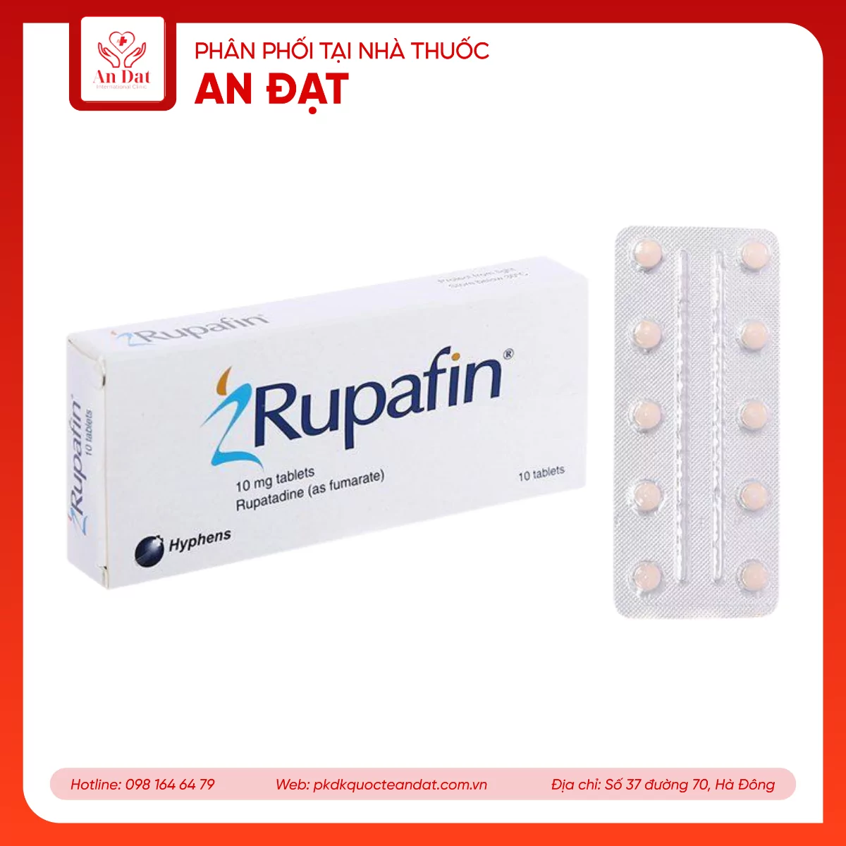 Thuốc Rupafin 10mg Hyphens điều trị viêm mũi dị ứng, nổi mày đay (1 vỉ x 10 viên)