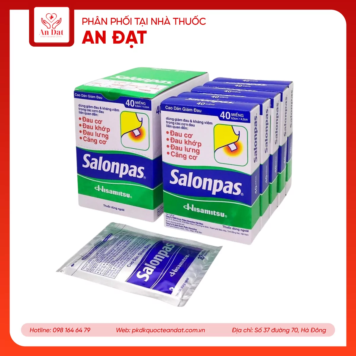 Cao dán Salonpas Hisamitsu giảm đau vai, đau lưng, đau cơ (2 gói x 10 miếng)