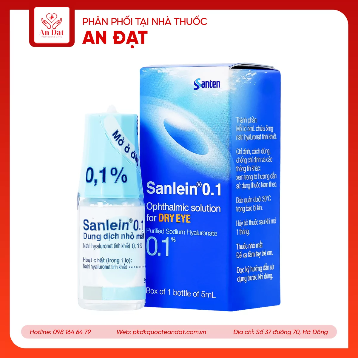 Thuốc nhỏ mắt Sanlein 0.1% Santen hỗ trợ điều trị rối loạn biểu mô kết giác mạc (5ml)