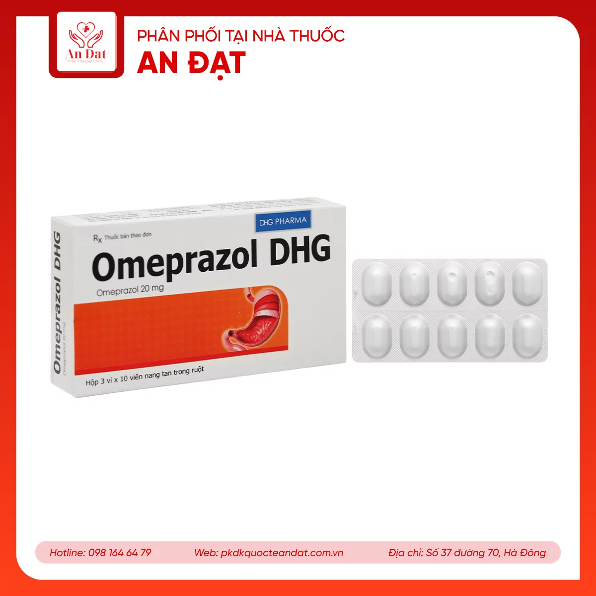 Viên nang Omeprazol DHG 20mg điều trị trào ngược dạ dày – thực quản (3 vỉ x 10 viên)